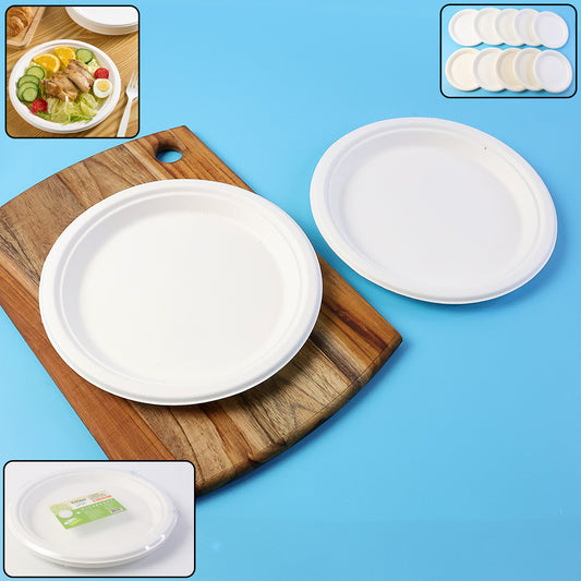 Wukusy Freshee 9-inch compostable bagasse plate, eco-friendly dinnerware set with ten plates for home and kitchen use.