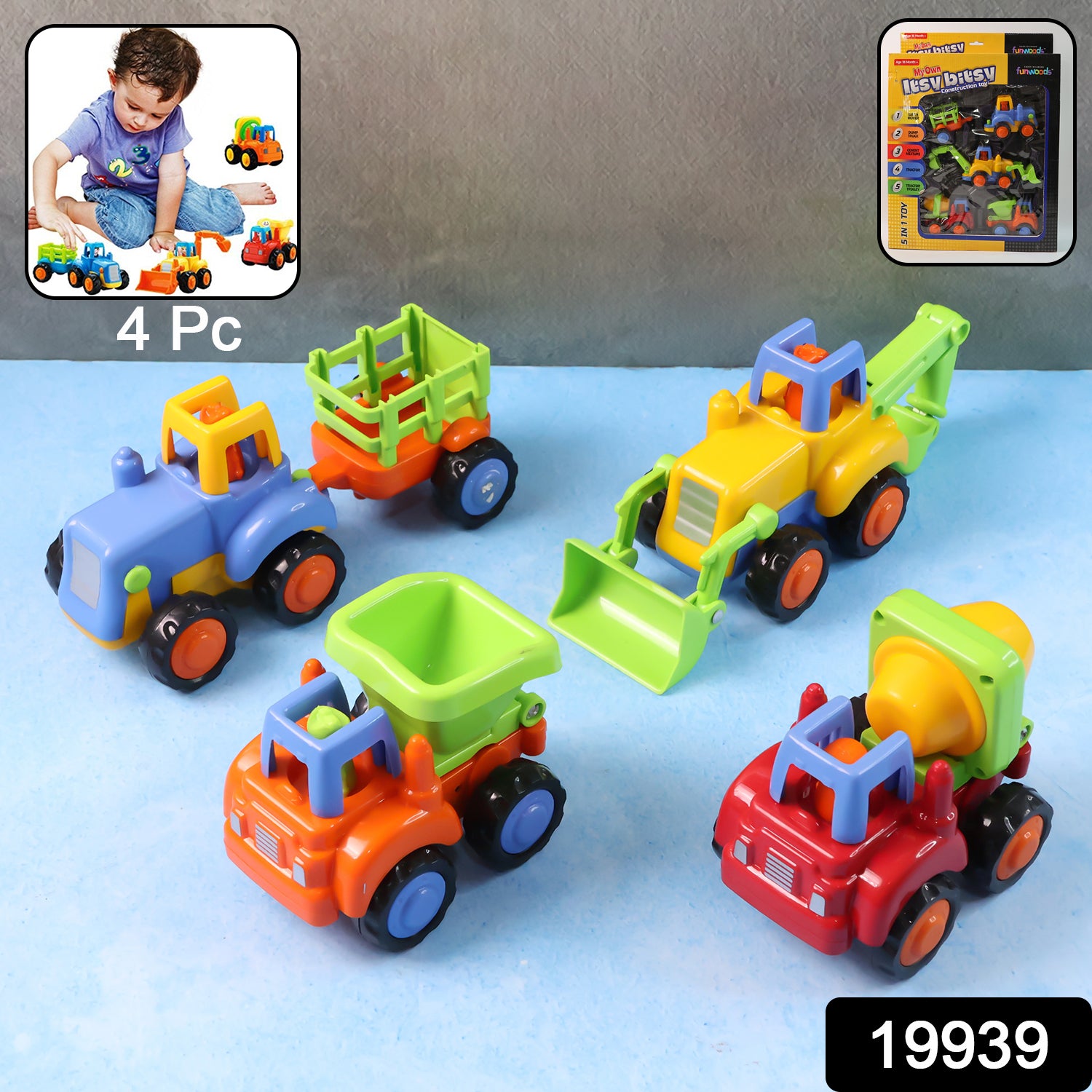 Wukusy Funwoods construction vehicle toy set for kids with four colorful toy trucks and construction equipment.