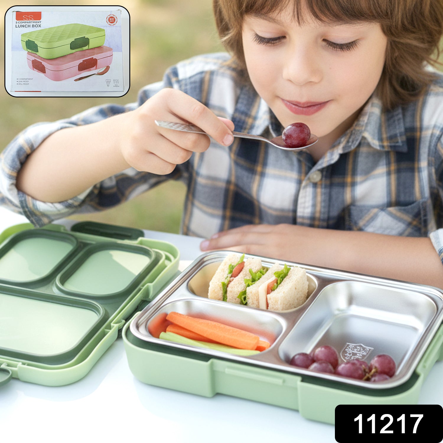 Wukusy Fresca stainless steel 3-compartment lunch box with secure lids, ideal for meal separation and storage.