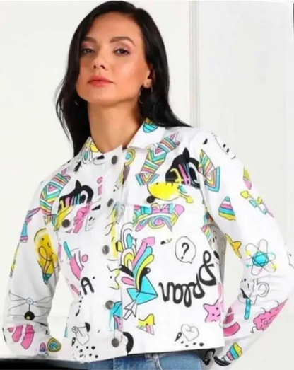 Women’s printed denim jacket by Ekom featuring casual style and colorful printed design, shown on a woman wearing it outdoors.