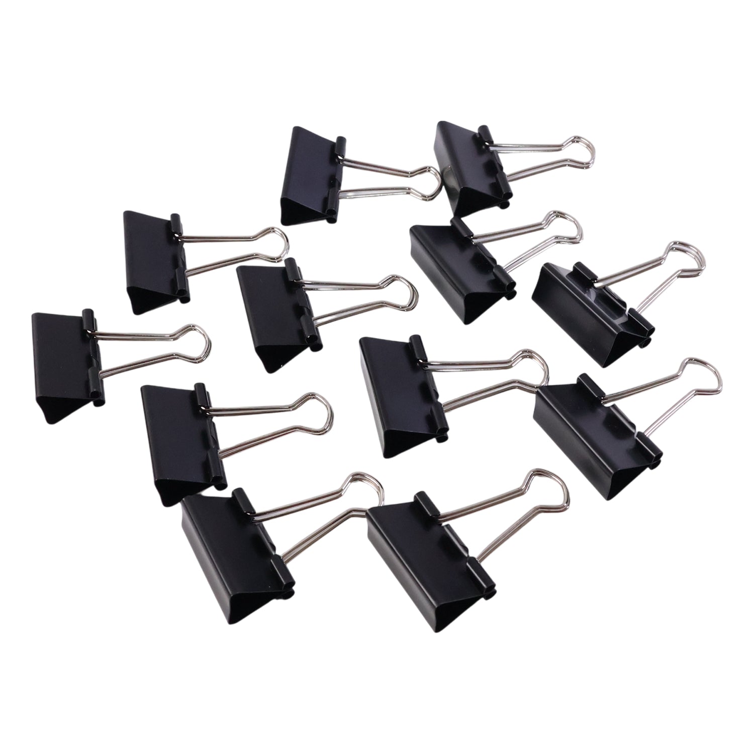 Wukusy medium-sized heavy-duty black binder clips set with 12 clips, 32 mm, stacked for organization and securing papers.