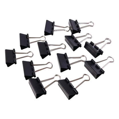 Wukusy medium-sized heavy-duty black binder clips set with 12 clips, 32 mm, stacked for organization and securing papers.