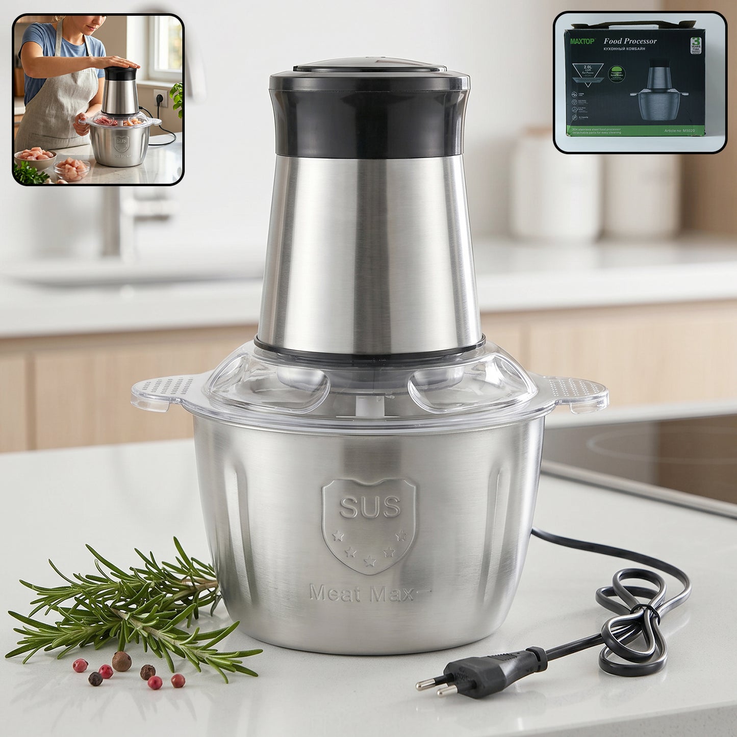 Wukusy electric 2L food processor with vegetable chopper and mixer grinder, shown with stainless steel blades and control dial