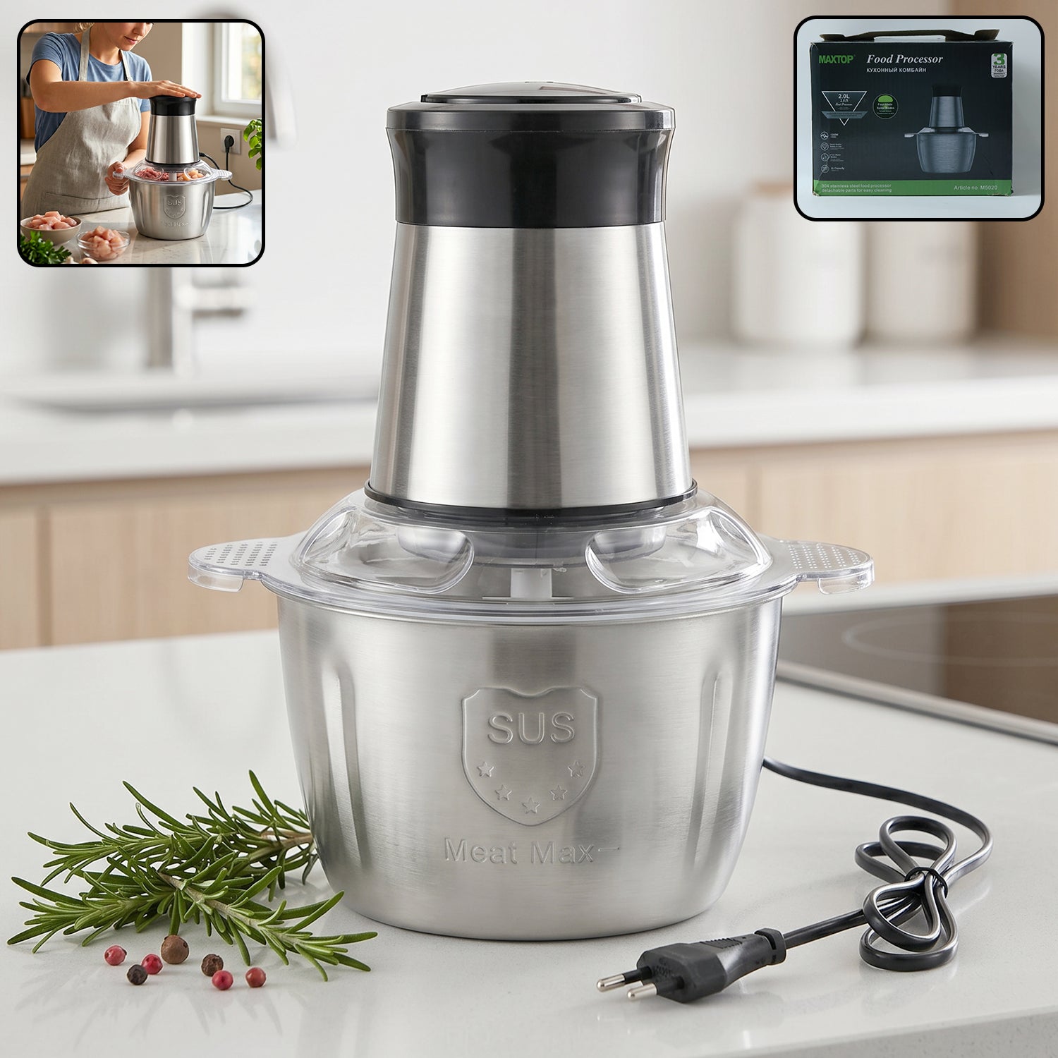 Wukusy electric 2L food processor with vegetable chopper and mixer grinder, shown with stainless steel blades and control dial