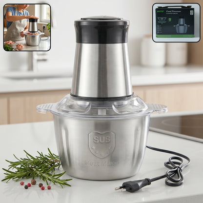 Wukusy electric 2L food processor with vegetable chopper and mixer grinder, shown with stainless steel blades and control dial