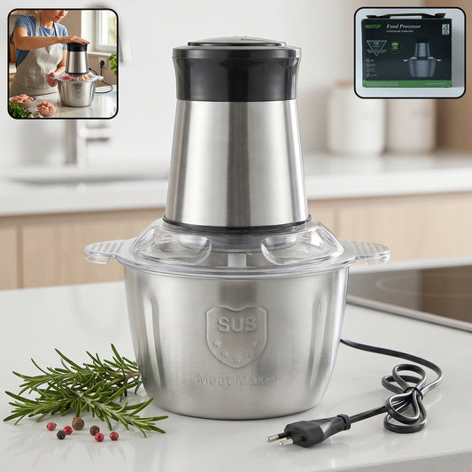 Wukusy electric 2L food processor with vegetable chopper and mixer grinder, shown with stainless steel blades and control dial