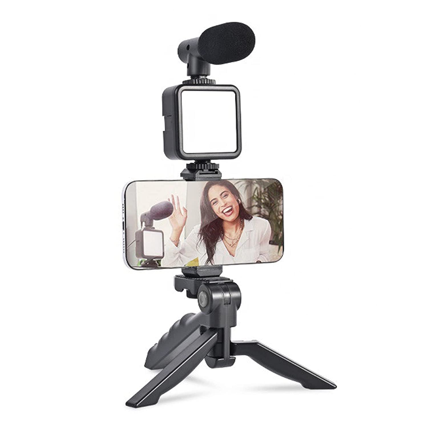 Wukusy 6054 vlogging kit with mini tripod, LED light, phone holder clip, and microphone for mobile video creation.