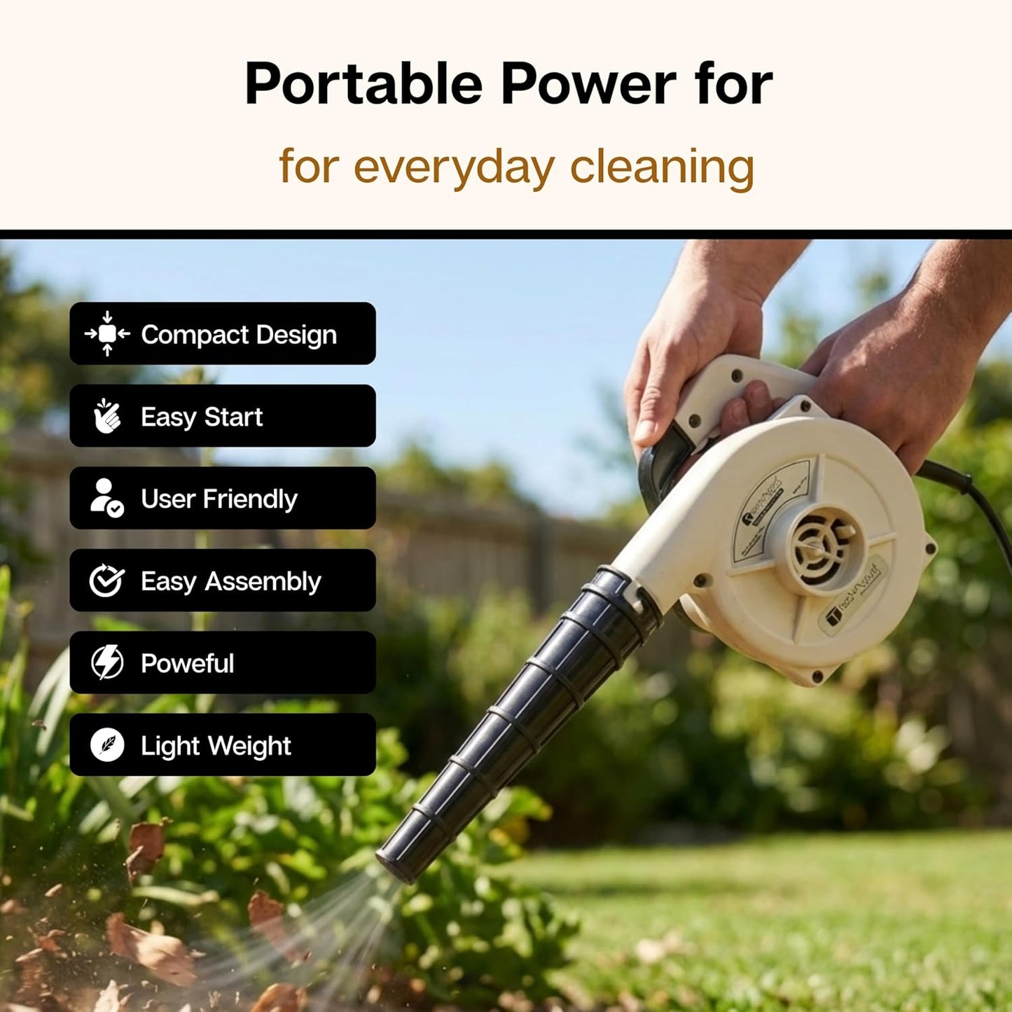 Wukusy Eagle Electric Air Blower EG40 with 500W power, shown with its compact design and nozzle attachment on a plain background.