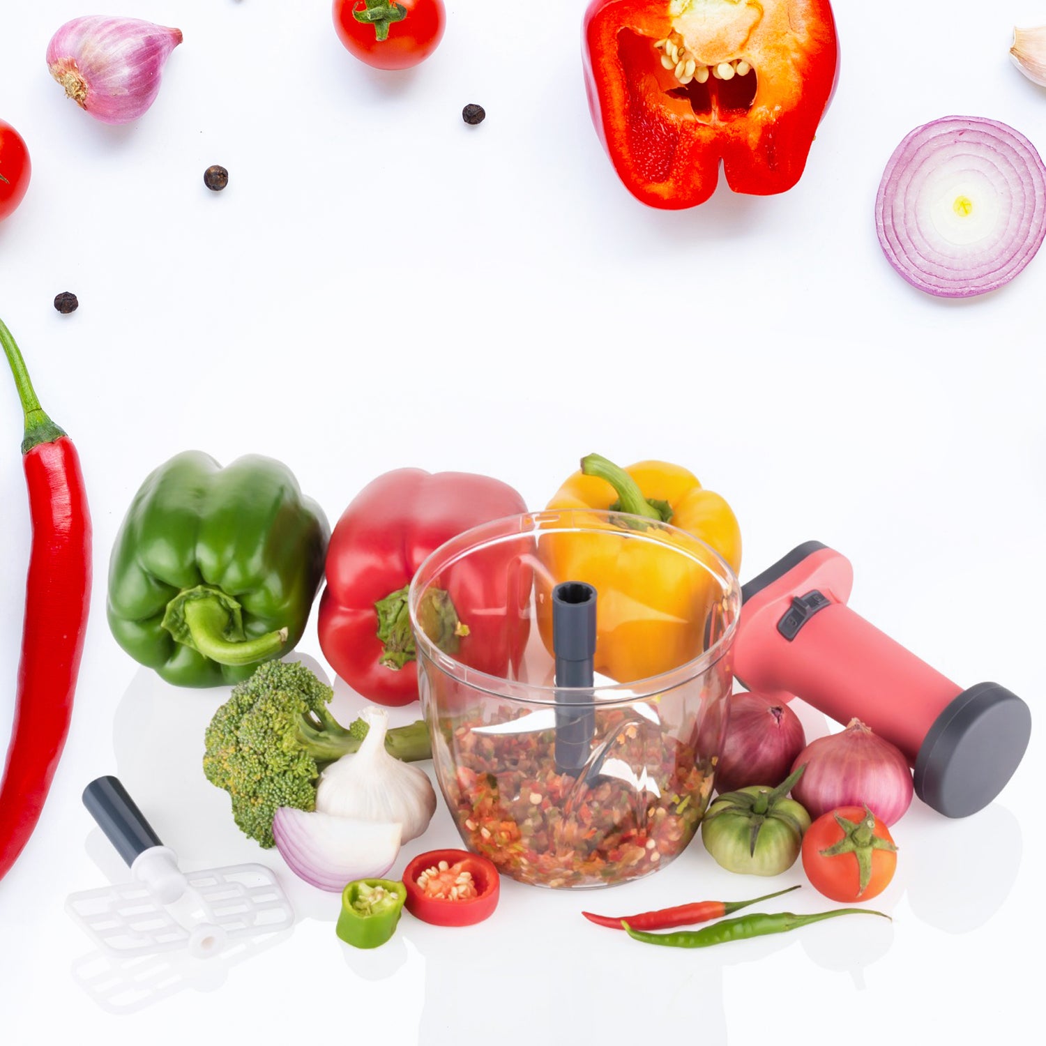 Wukusy 1100ml 2-in-1 push-up chopper and blender with six sharp blades for chopping vegetables and fruits easily.