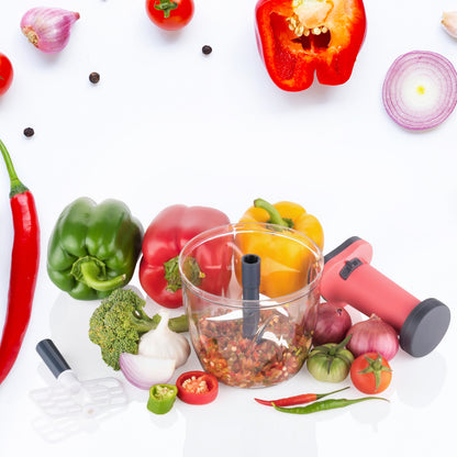 Wukusy 1100ml 2-in-1 push-up chopper and blender with six sharp blades for chopping vegetables and fruits easily.