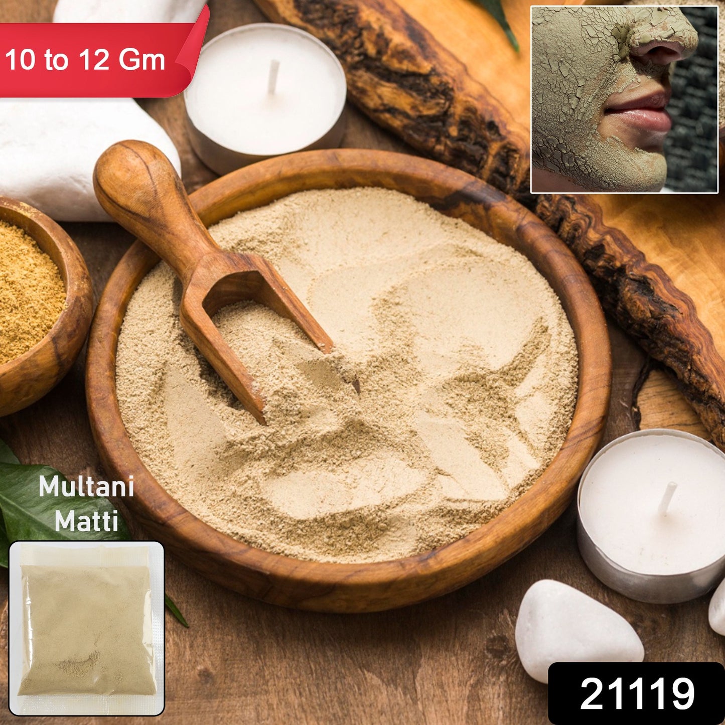 Wukusy Natural Multani Mitti Face and Body Care Powder in 10-12g packet, fullers earth for skincare and cleansing.
