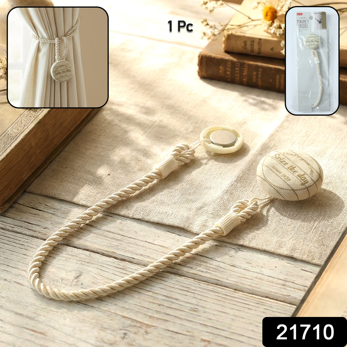 Elegant magnetic curtain tieback by Wukusy holding curtains neatly, showcasing a sleek metallic design with magnetic closure.
