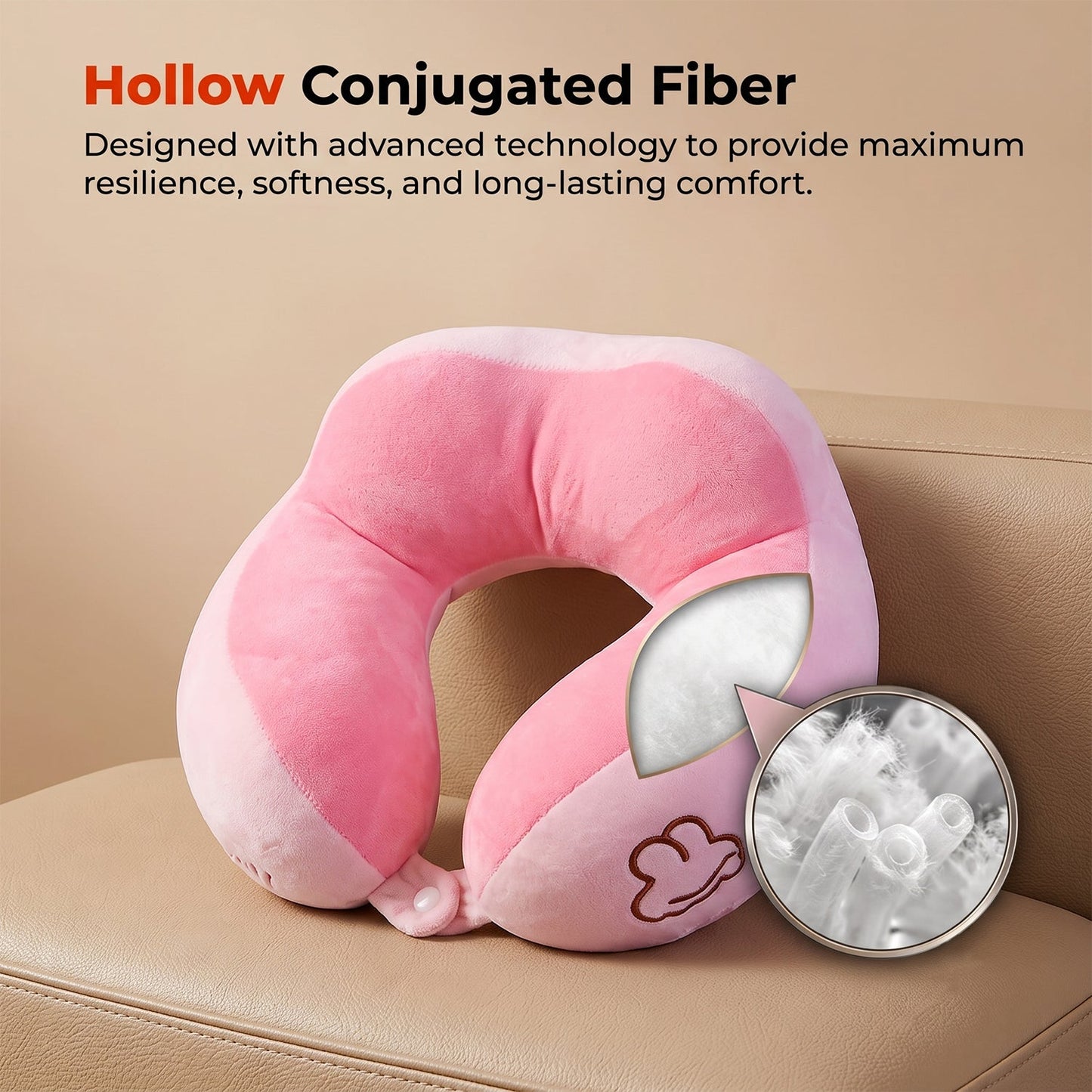 Pink plush U-shaped travel neck pillow by Wukusy with soft head and neck support for comfort during travel.