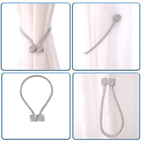 Pair of Wukusy hexagonal magnetic braided rope curtain tiebacks with loops and buckles, used for window drapery decor.