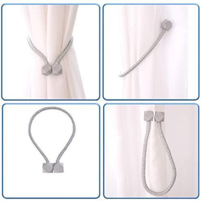 Pair of Wukusy hexagonal magnetic braided rope curtain tiebacks with loops and buckles, used for window drapery decor.