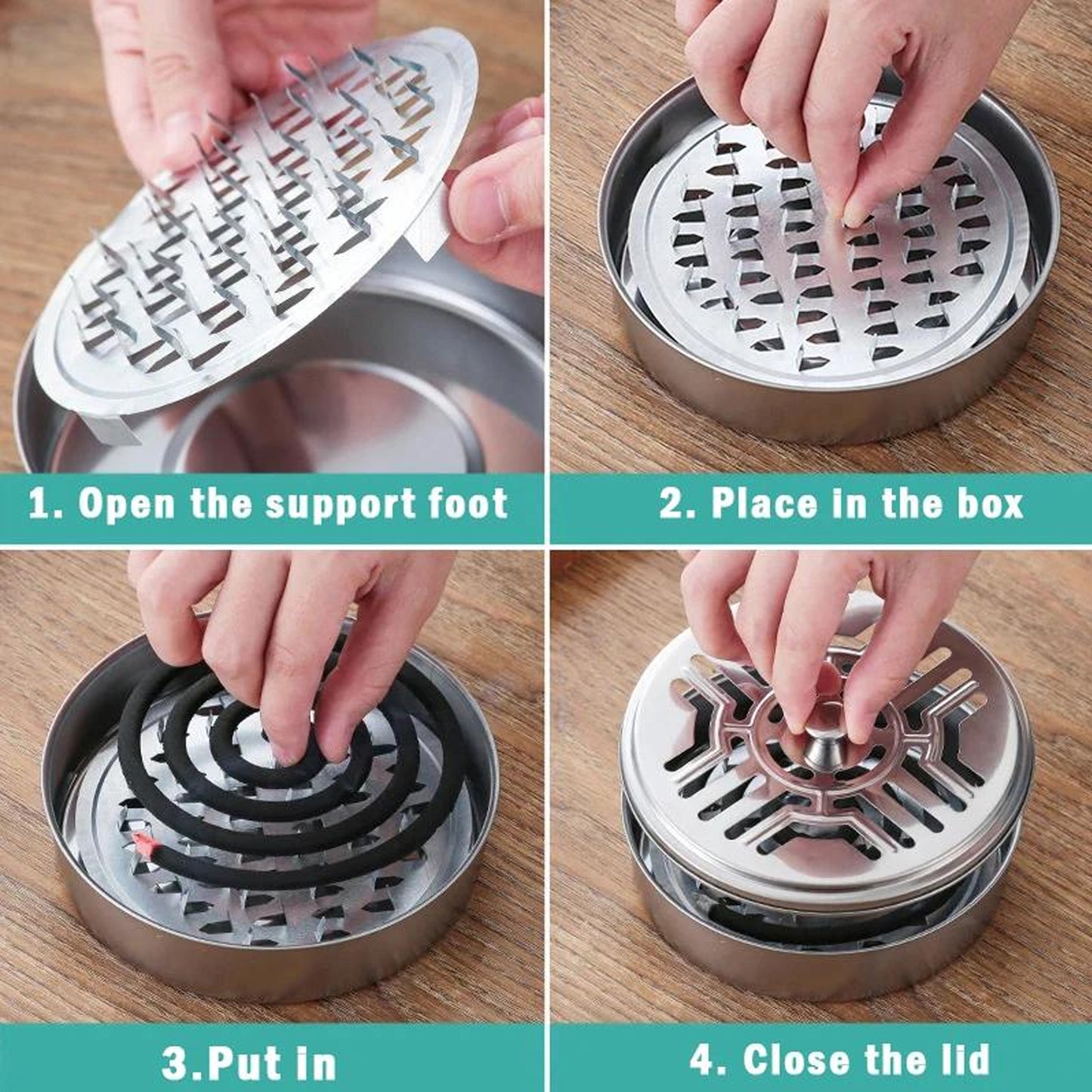Wukusy stainless steel mosquito coil stand with smoke vent lid, designed for safe and effective mosquito coil burning.