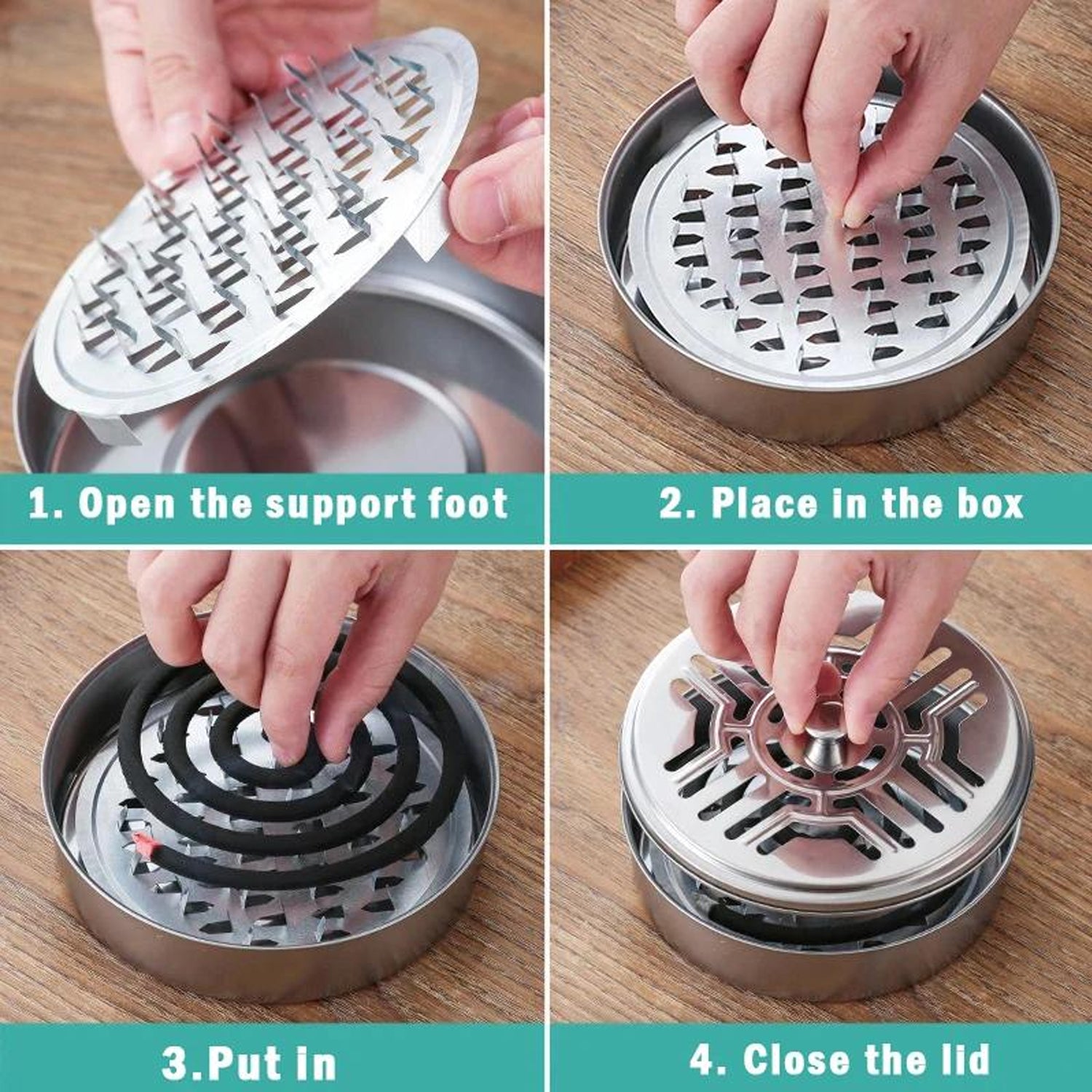 Wukusy stainless steel mosquito coil stand with smoke vent lid, designed for safe and effective mosquito coil burning.