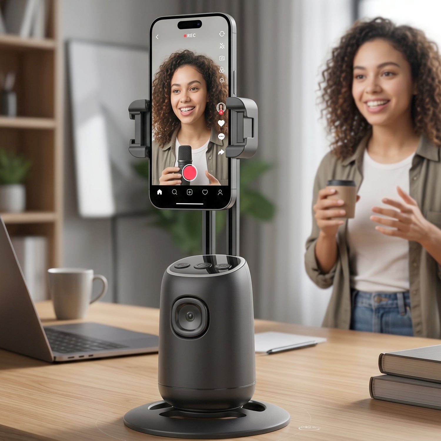 Wukusy Smart AI auto face tracking mobile holder mounted on a car dashboard with a smartphone attached