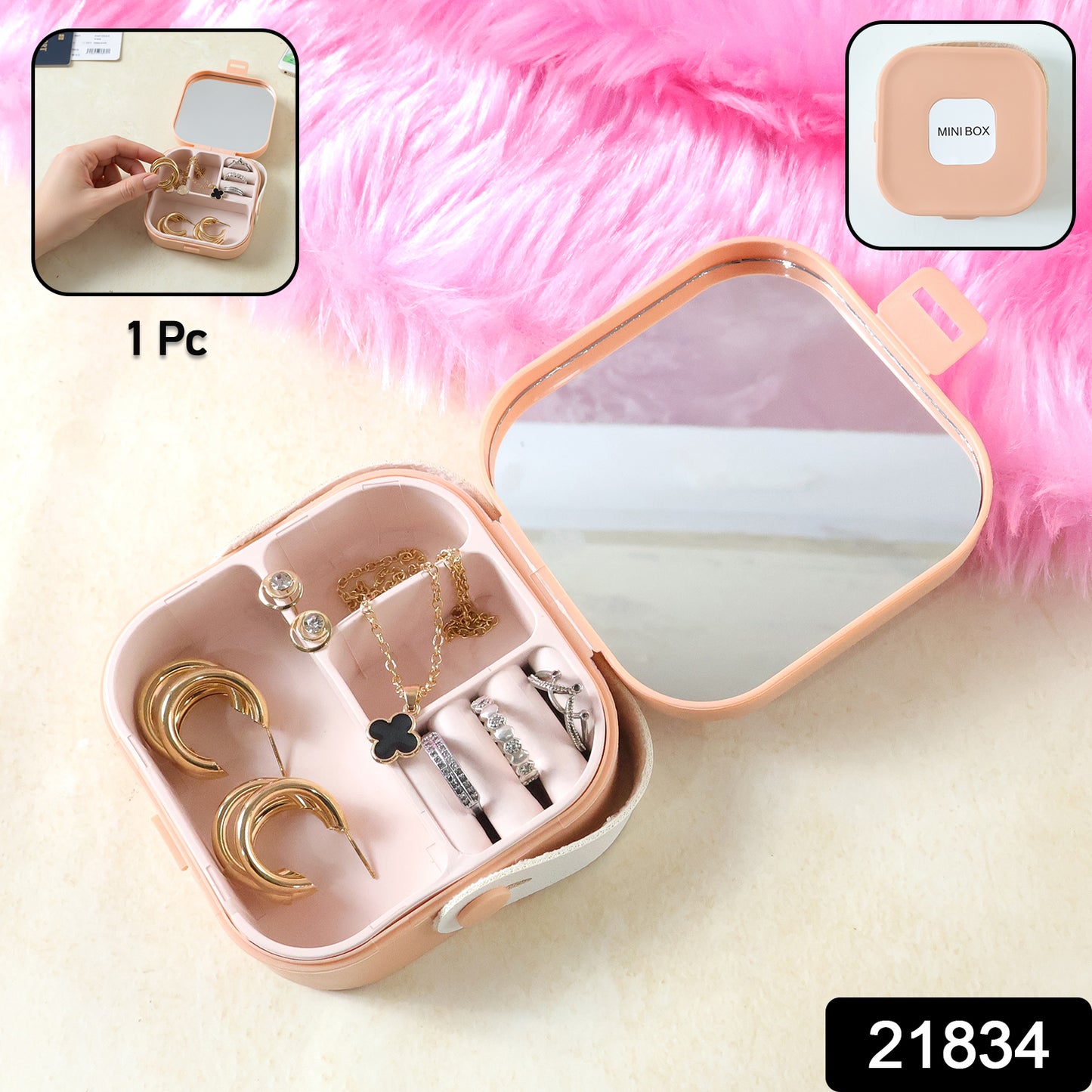Small Wukusy portable mini jewelry storage box with compartments for rings, earrings, and necklaces, ideal for travel and organization.
