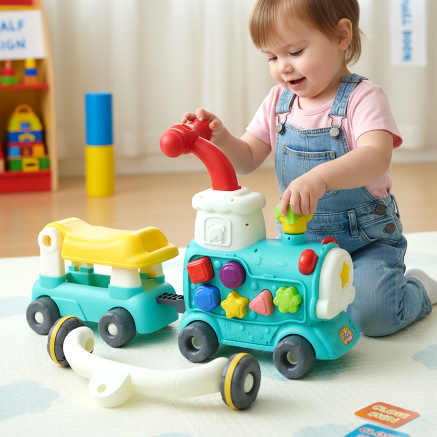 Wukusy Aditi Tiny Train baby walker ride-on toy with push handle, colorful plastic train for toddler early walking development