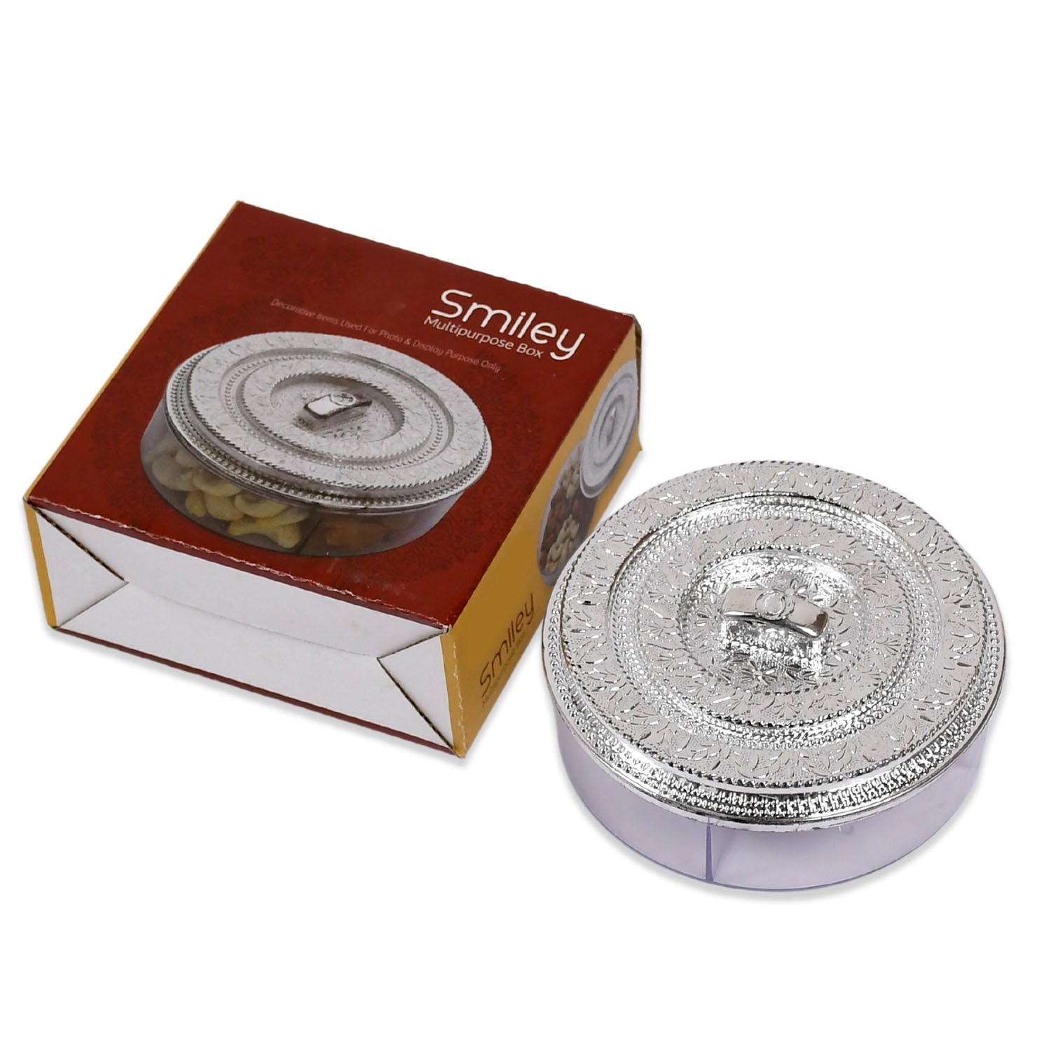 Wukusy 5268 round smiley multi-purpose 4-compartment storage box for home and kitchen organization, with cheerful smiley design.