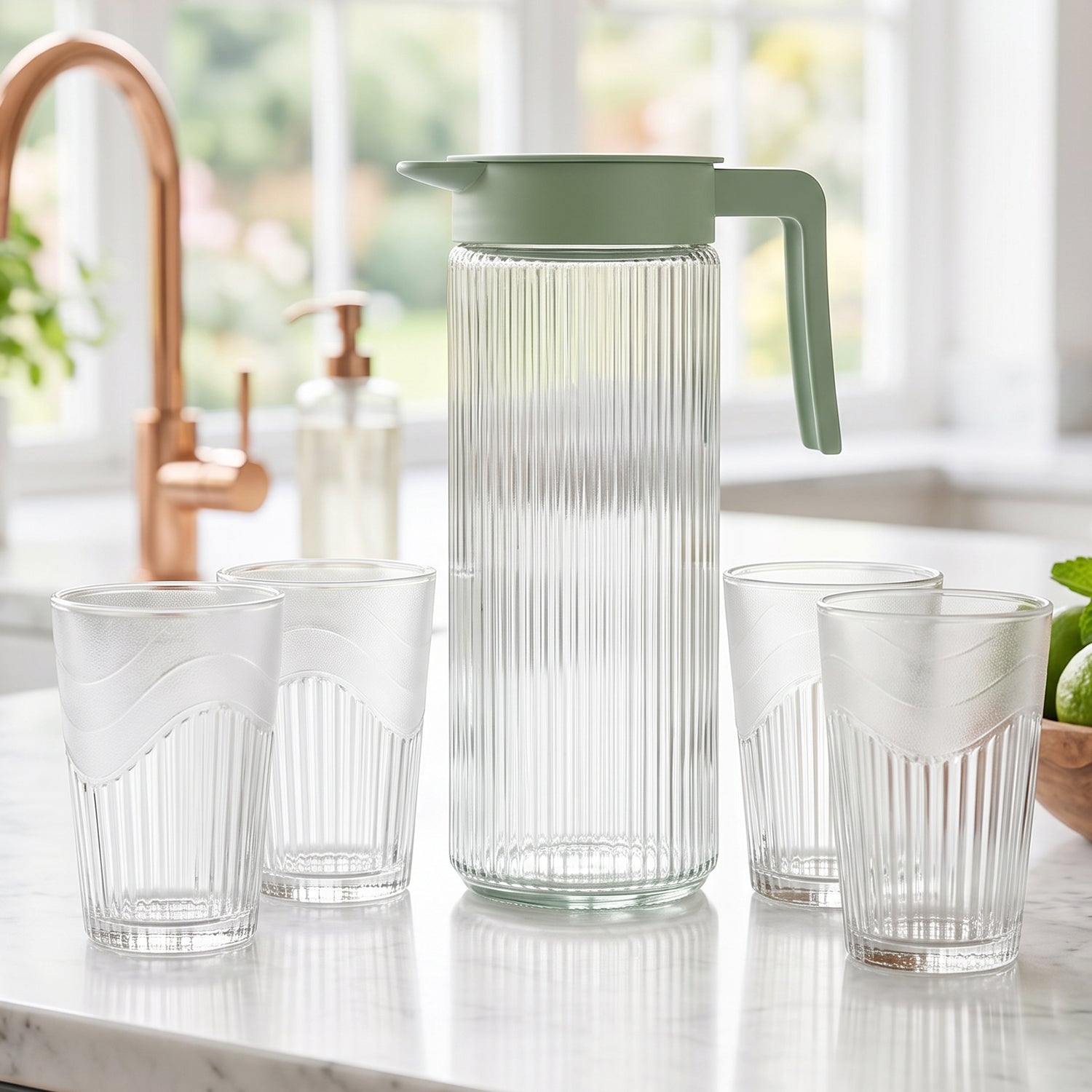 Wukusy glass water jug with lid and four ribbed glass tumblers in a water pitcher set on a white background