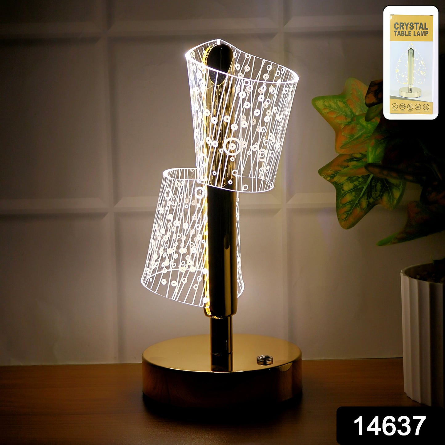 Luxury crystal LED double shade table lamp by Wukusy showing elegant crystal shades and warm lighting for home decor.