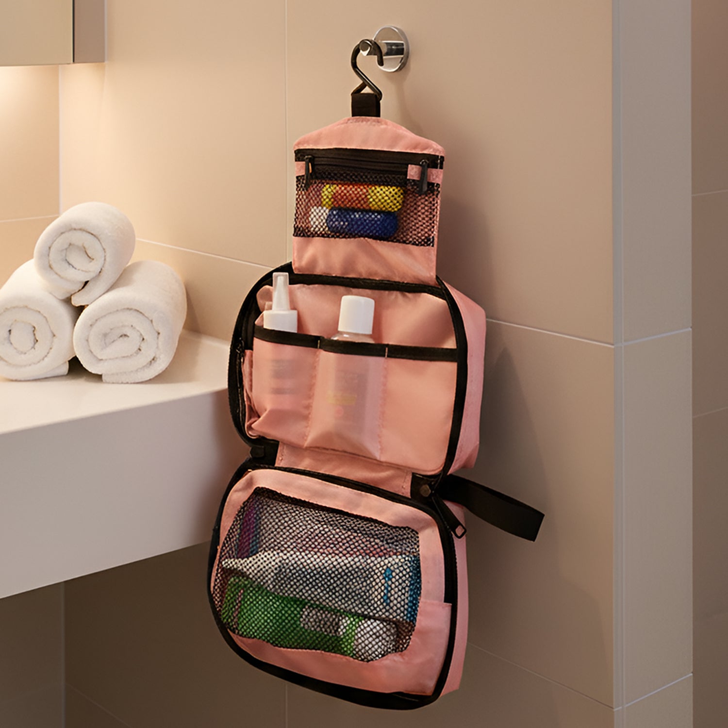 Wukusy Premium Travel Mate hanging toiletry bag with multiple compartments, hanging hook, and durable fabric for organization.