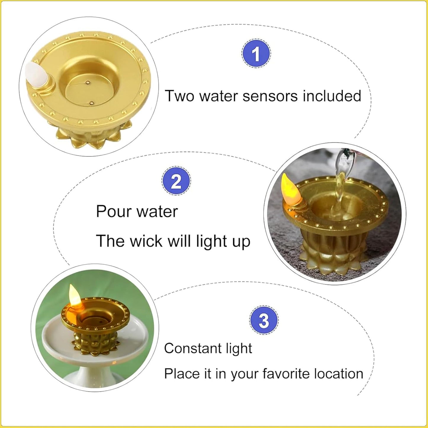 Set of 3 Wukusy water sensor LED golden diyas for home decor, featuring illuminated diyas with water sensors and warm golden light.