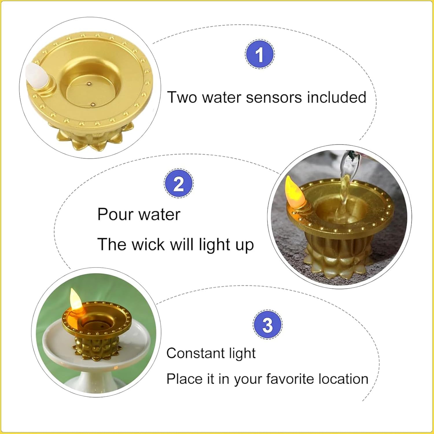 Set of 3 Wukusy water sensor LED golden diyas for home decor, featuring illuminated diyas with water sensors and warm golden light.