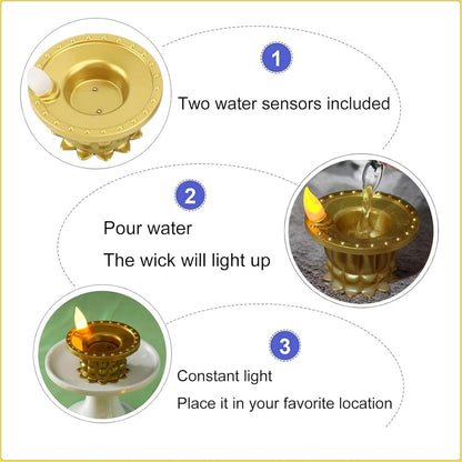 Set of 3 Wukusy water sensor LED golden diyas for home decor, featuring illuminated diyas with water sensors and warm golden light.