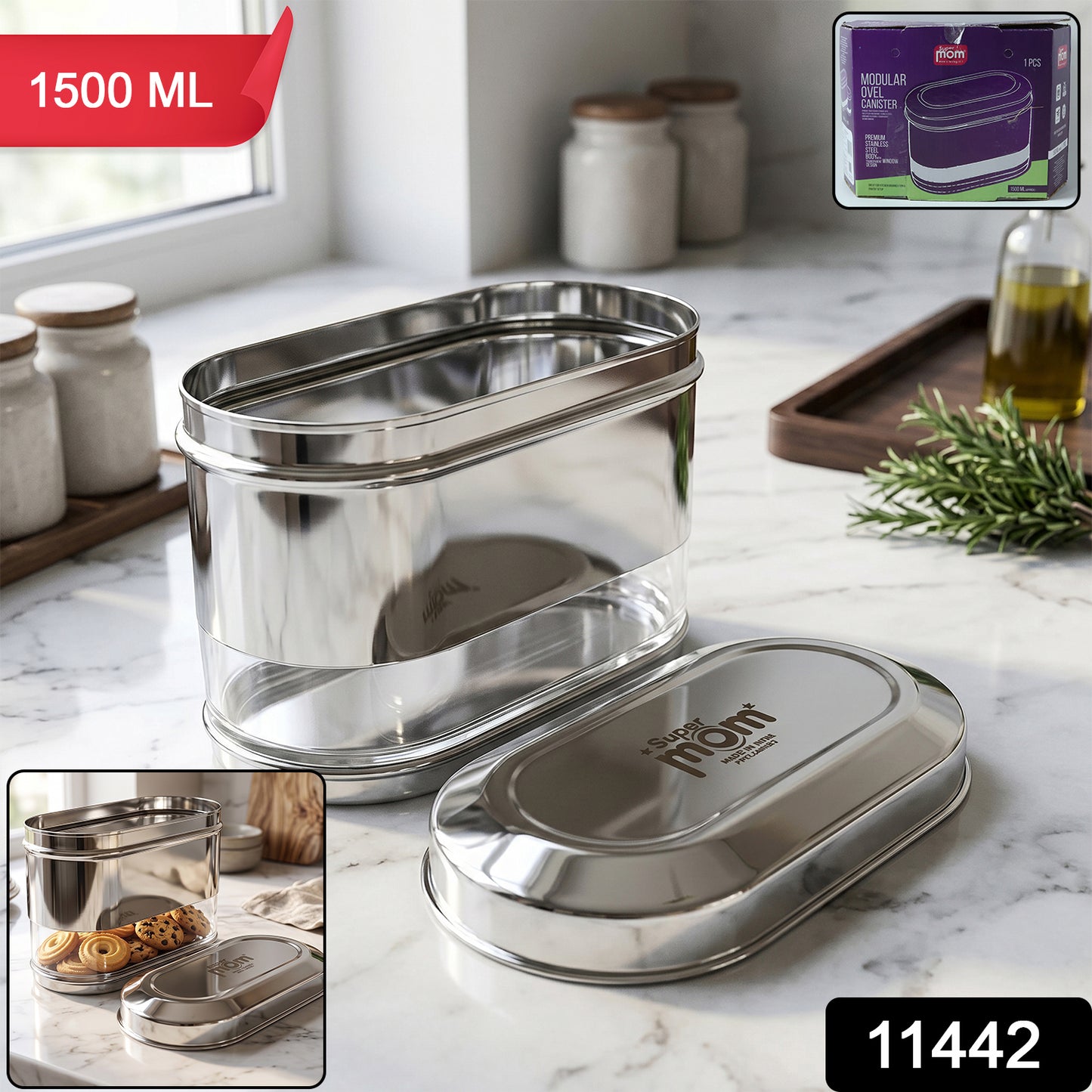 Supermom Premium Stainless Steel Modular Oval Canister by Wukusy, 1500 ml, with a sleek stainless steel finish and secure lid.
