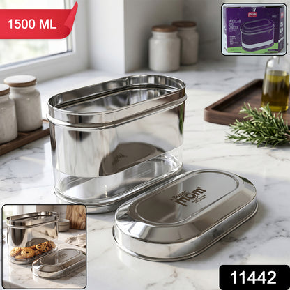 Supermom Premium Stainless Steel Modular Oval Canister by Wukusy, 1500 ml, with a sleek stainless steel finish and secure lid.