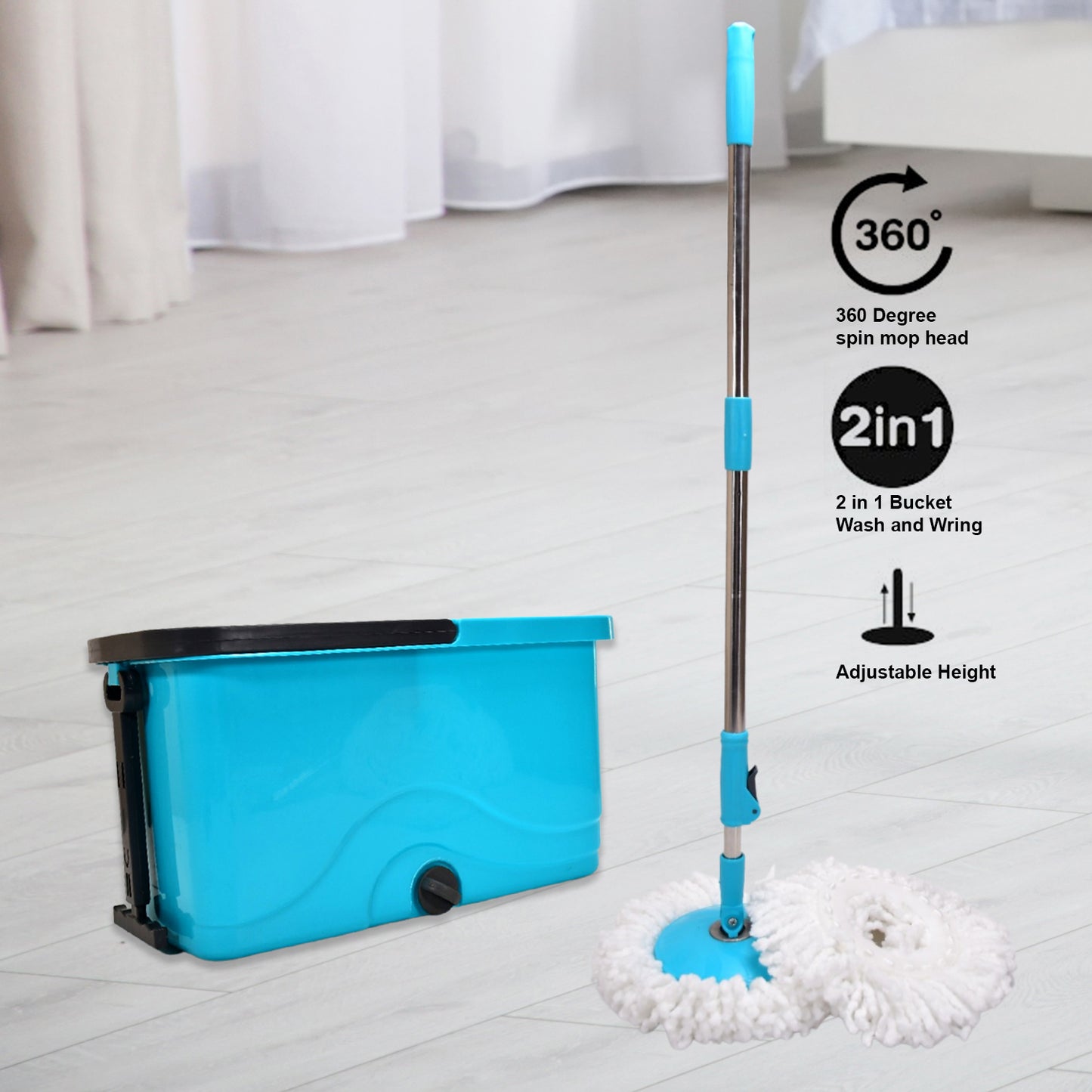 Wukusy Quick Spin Mop with plastic spin bucket and easy-wheels for efficient floor cleaning in home improvement tasks