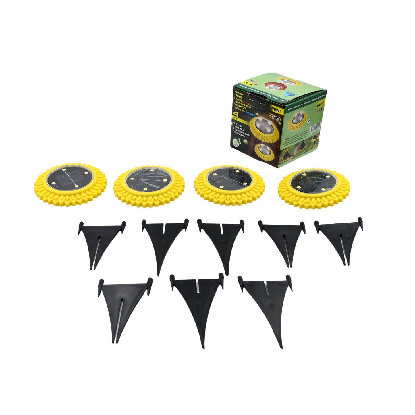 Wukusy 4-pack solar garden ground lights with LED disks, waterproof outdoor landscape lighting for yard, deck, lawn, and walkway.