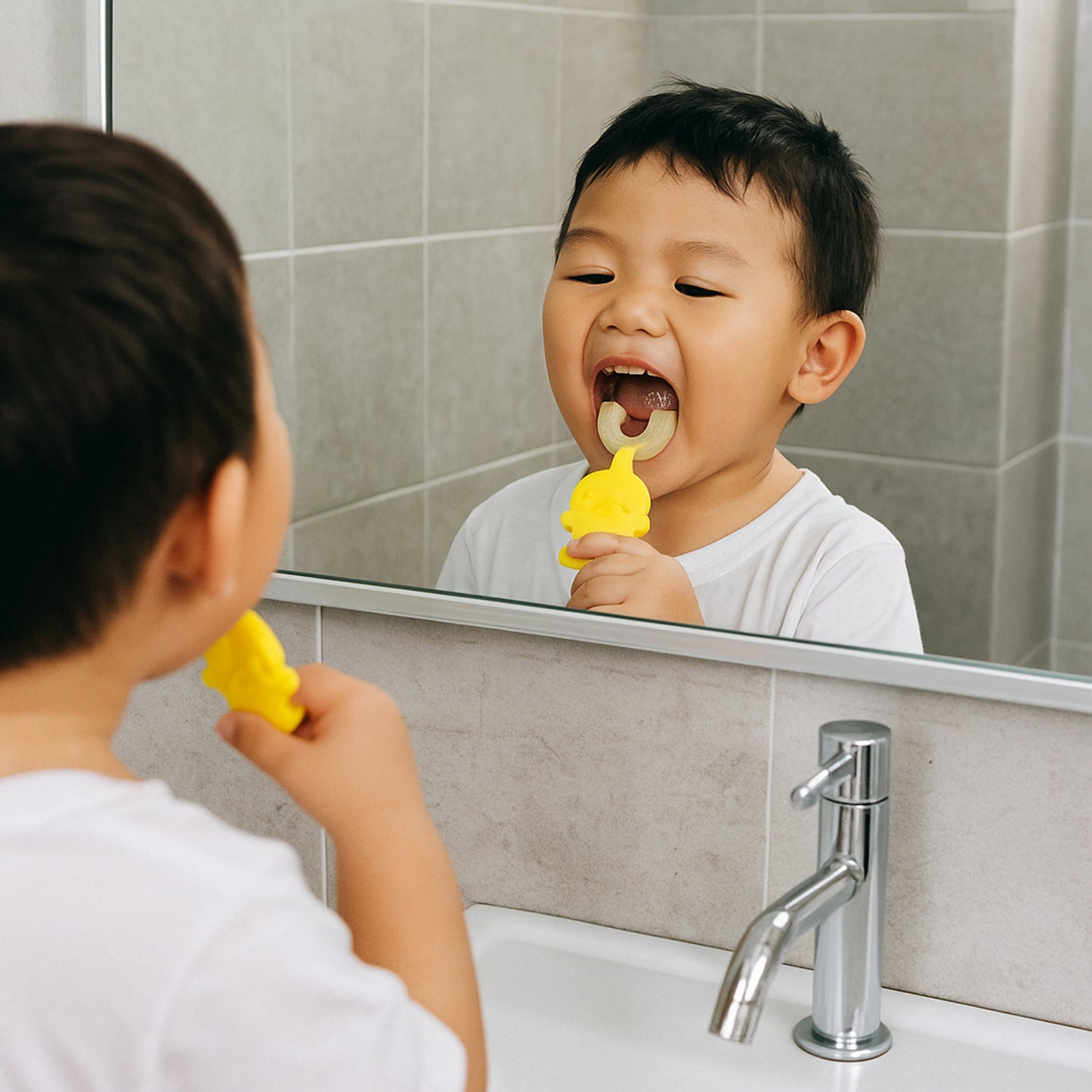 Cute cartoon duck U-shape baby toothbrush in mixed colors, designed for gentle baby tooth cleaning by Wukusy.