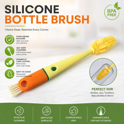 Wukusy 4-in-1 silicone bottle cleaning brush with long handle and nipple brush for thorough cleaning of baby bottles.