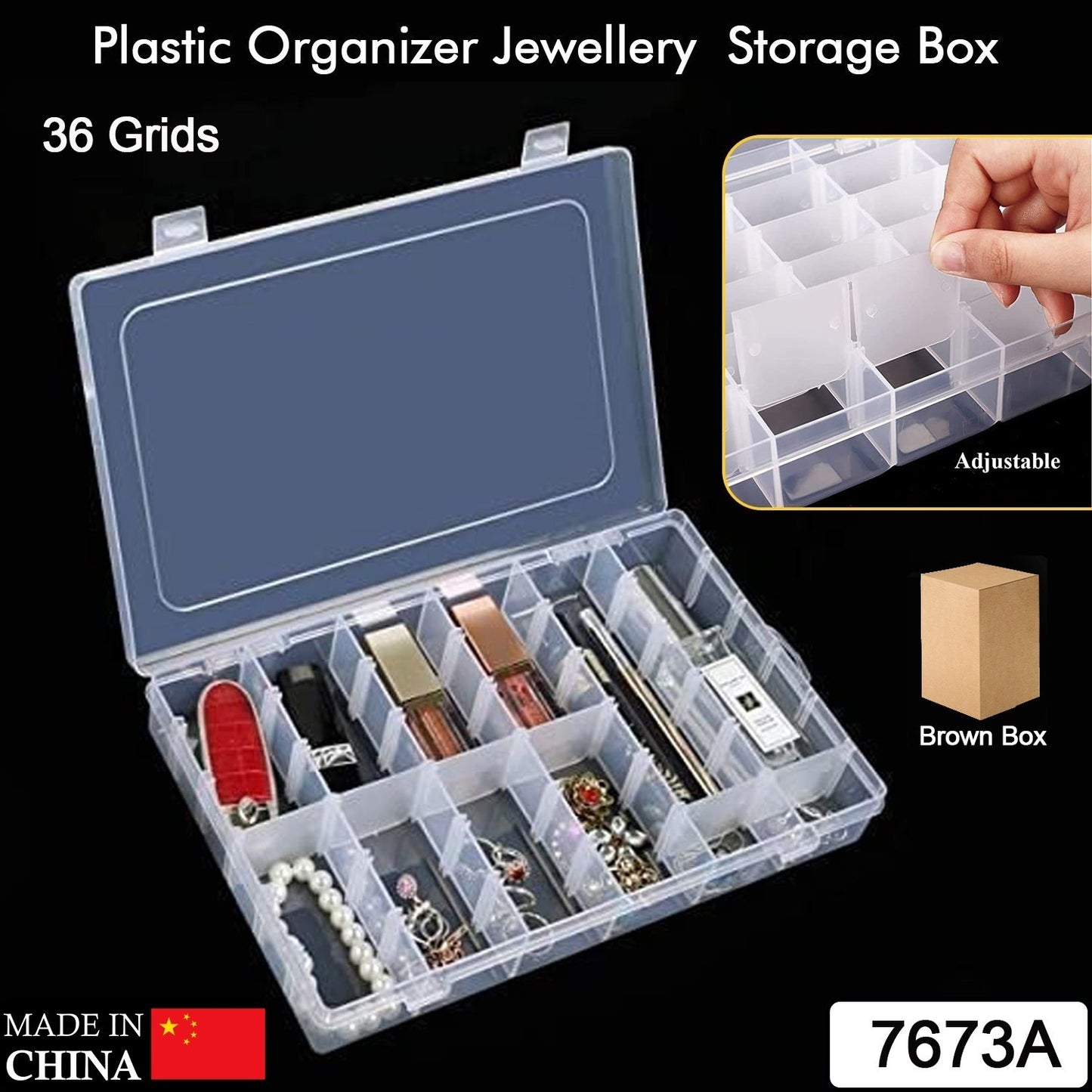 Wukusy 7673a 36-grid clear plastic jewelry organizer box with adjustable dividers, transparent storage for jewelry and small items.
