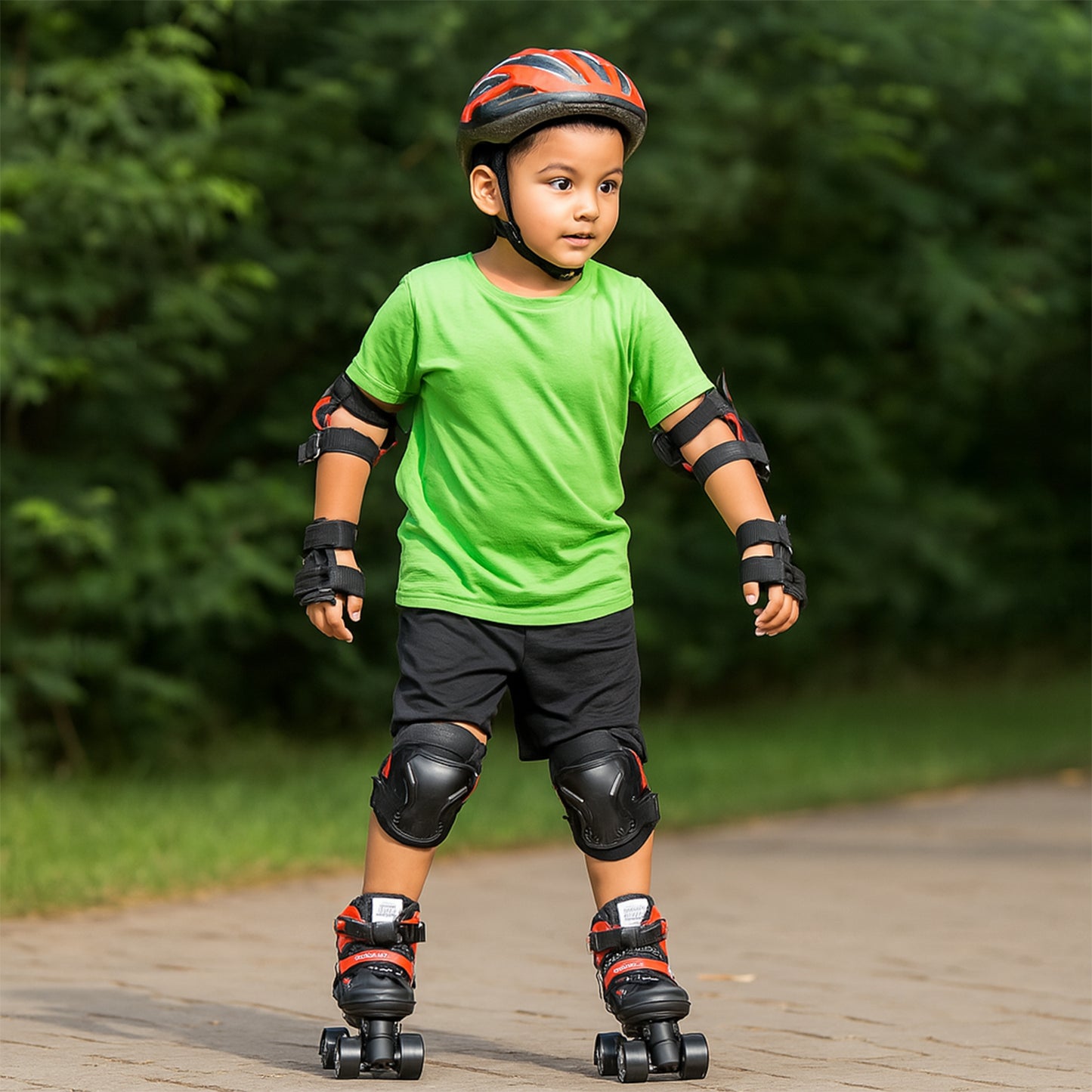 Pair of Wukusy adjustable quad roller skates for kids with colorful wheels and secure straps, suitable for beginner skaters.