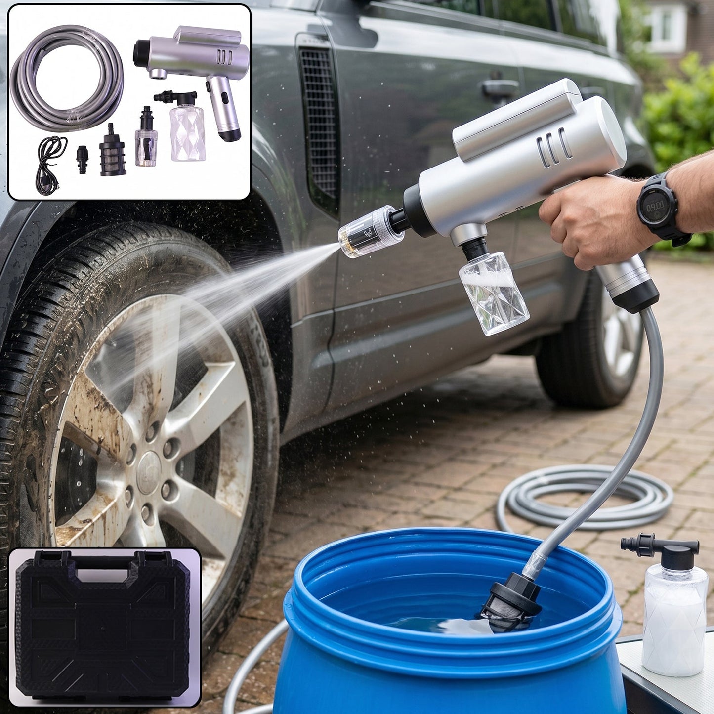 Wukusy cordless high-pressure car washer gun kit with hose and foam attachment, portable for outdoor cleaning and vehicle washing.