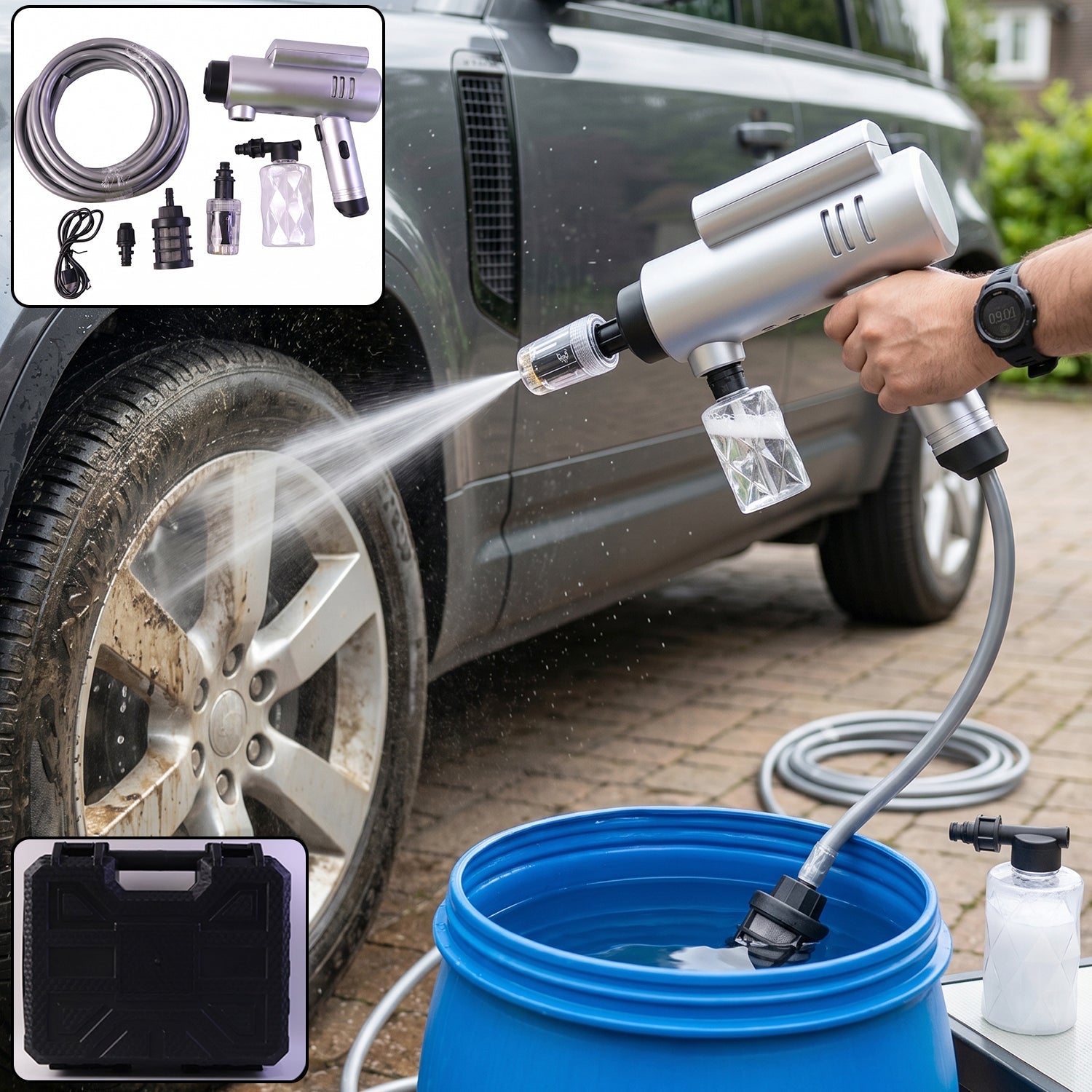 Wukusy cordless high-pressure car washer gun kit with hose and foam attachment, portable for outdoor cleaning and vehicle washing.