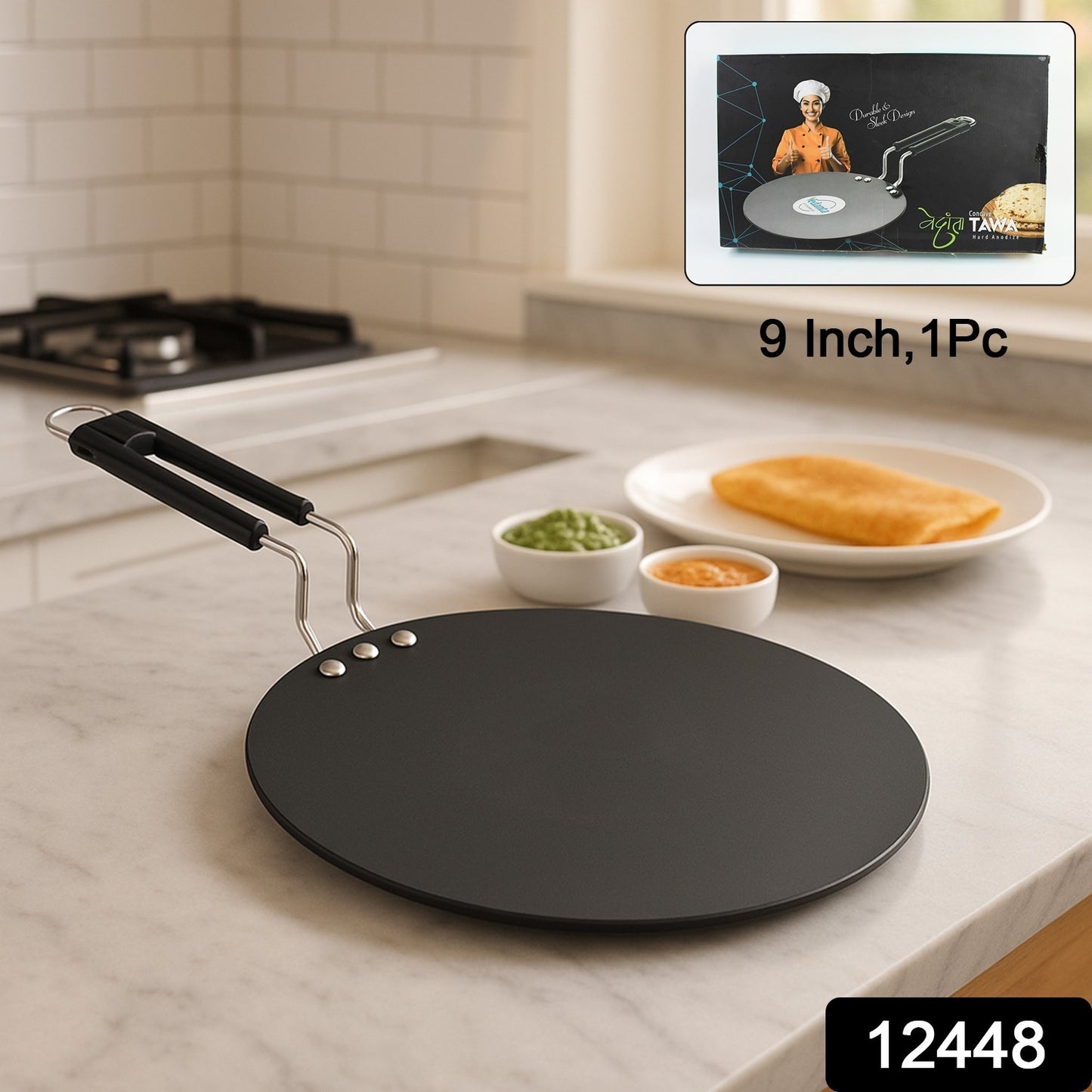 Wukusy 9-inch compact non-stick flat roti tawa for home kitchen, showcasing a clean, flat cooking surface with a handle.