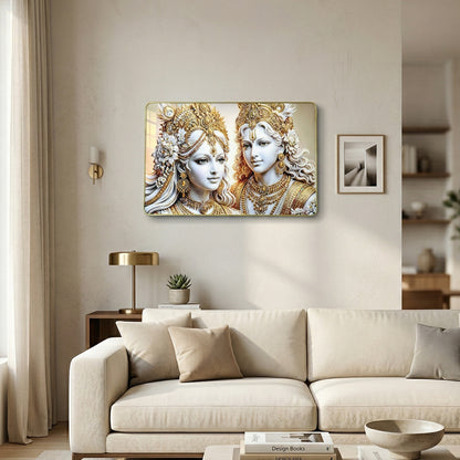 Elegant Radha Krishna wall art frame in gold finish, 45x30 cm, showcasing intricate religious artwork for home decor.