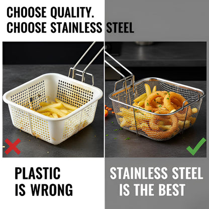 Wukusy stainless steel deep fryer basket with long handle, suitable for frying foods in commercial or home kitchens.