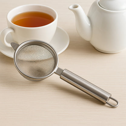 Wukusy Supermom Medium Euro Mesh Strainer for kitchen, close-up view showing fine metal mesh and sturdy handle.