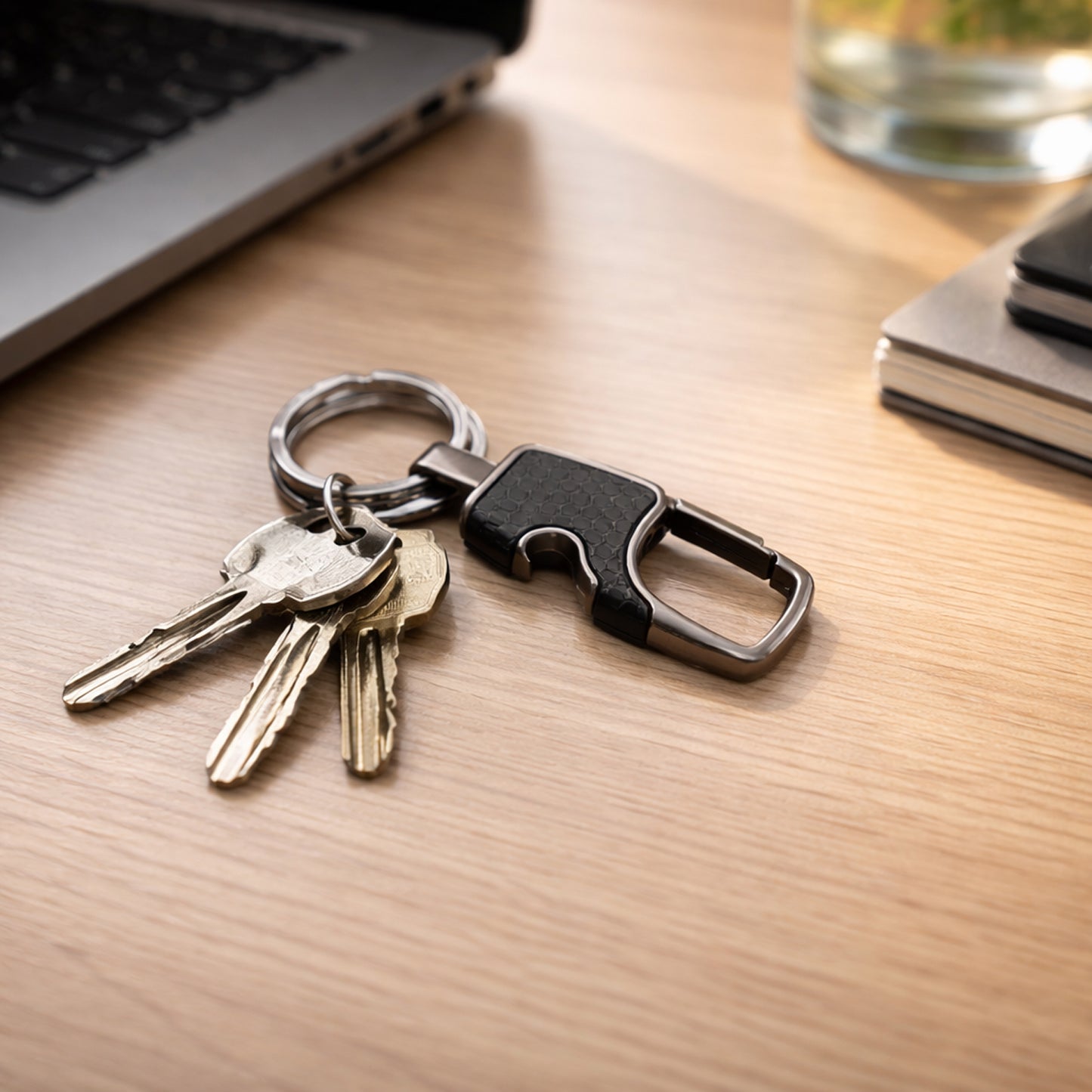Wukusy heavy-duty keychain organizer with quick release hook holding multiple keys on a black metal keyring.