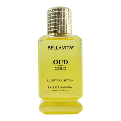 Bellavita Premium Oud Gold luxury perfume bottle from Wukusy, 100ml, featuring a gold-colored glass design with elegant detailing.