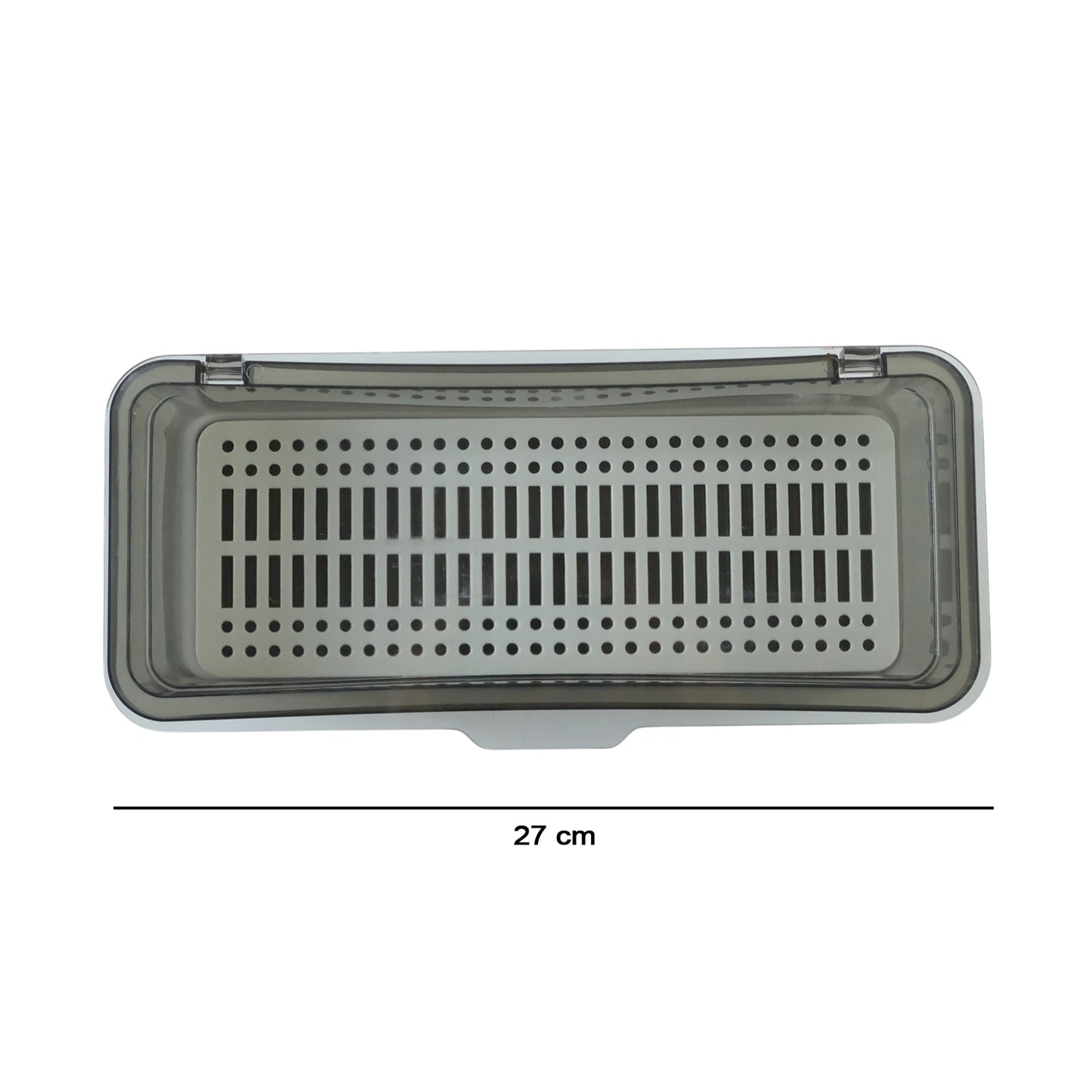 Wukusy multipurpose kitchen sink organizer tray in gray, measuring 27x12 cm, holding utensils and cleaning supplies.
