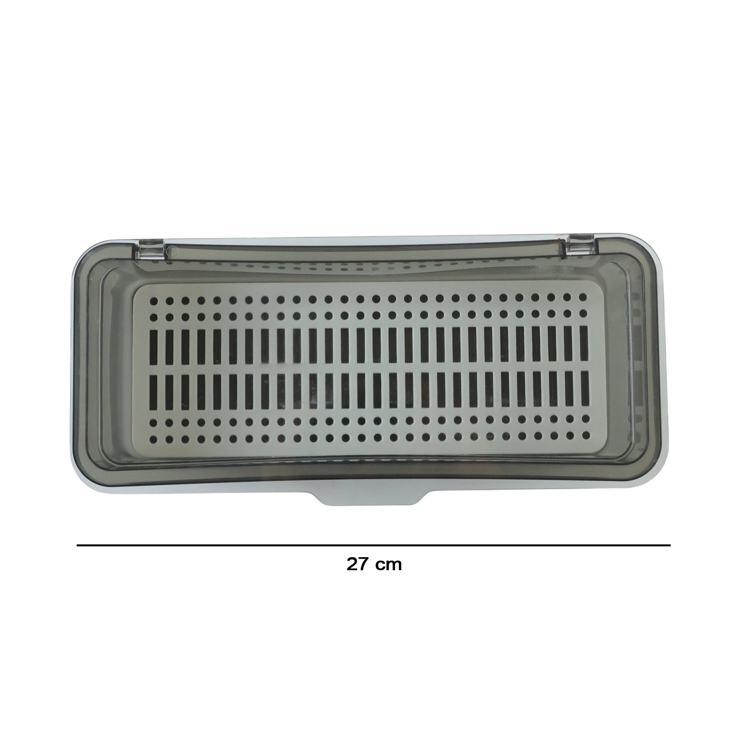 Wukusy multipurpose kitchen sink organizer tray in gray, measuring 27x12 cm, holding utensils and cleaning supplies.