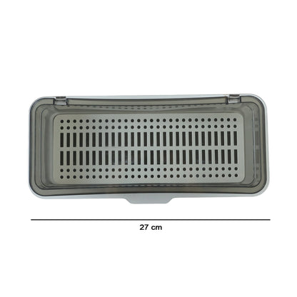 Wukusy multipurpose kitchen sink organizer tray in gray, measuring 27x12 cm, holding utensils and cleaning supplies.